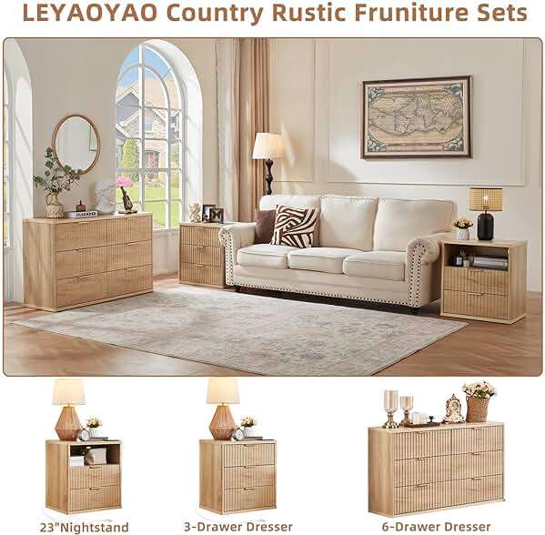 LEYAOYAO 23" Wide Fluted Farmhouse Night Stand Set of 2 with Charging Station, 3 Drawers Large End Table w/Metal Handle, Natural Nightstand Bedside Table,Wood Dresser for Bedroom, Closet - Image 5
