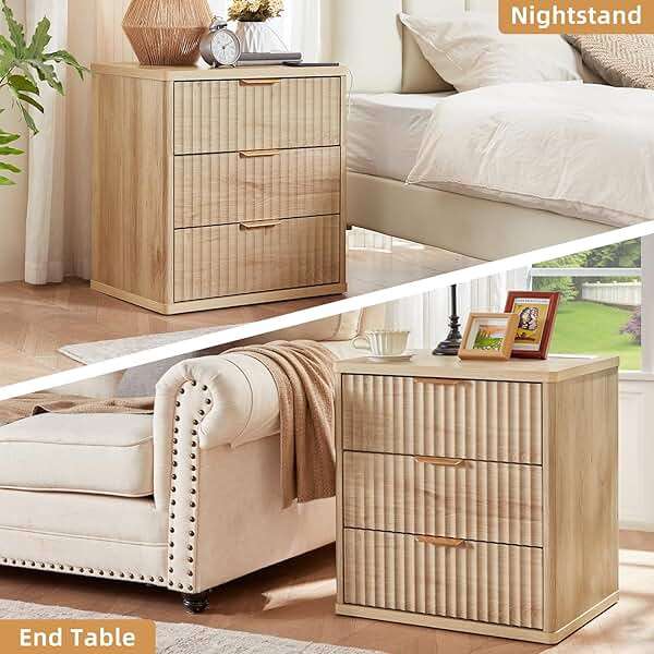 LEYAOYAO 23" Wide Fluted Farmhouse Night Stand Set of 2 with Charging Station, 3 Drawers Large End Table w/Metal Handle, Natural Nightstand Bedside Table,Wood Dresser for Bedroom, Closet - Image 6