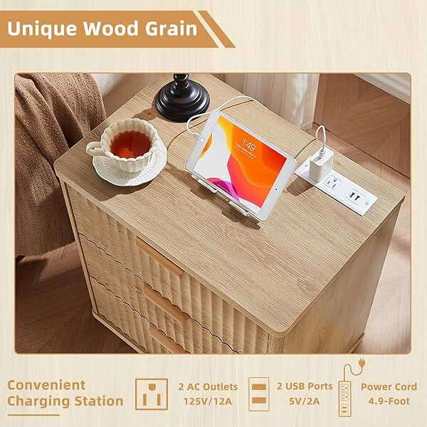 LEYAOYAO 23" Wide Fluted Farmhouse Night Stand Set of 2 with Charging Station, 3 Drawers Large End Table w/Metal Handle, Natural Nightstand Bedside Table,Wood Dresser for Bedroom, Closet - Image 9