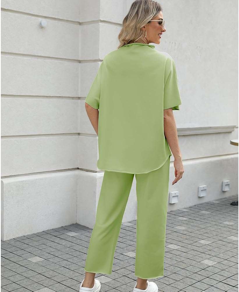 SeeLuNa Women's Two Piece Outfits 3/4 Batwing Sleeve Capelet Crew Neck Pullover Top Wide Leg Pants Lounge Set - Image 2