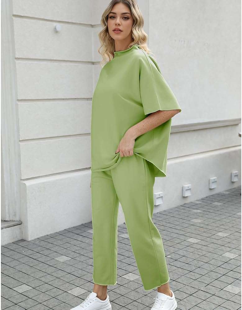 SeeLuNa Women's Two Piece Outfits 3/4 Batwing Sleeve Capelet Crew Neck Pullover Top Wide Leg Pants Lounge Set - Image 4