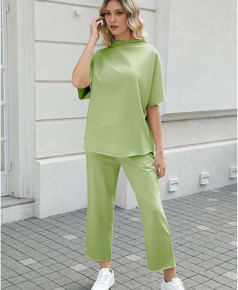 SeeLuNa Women's Two Piece Outfits 3/4 Batwing Sleeve Capelet Crew Neck Pullover Top Wide Leg Pants Lounge Set - Image 5