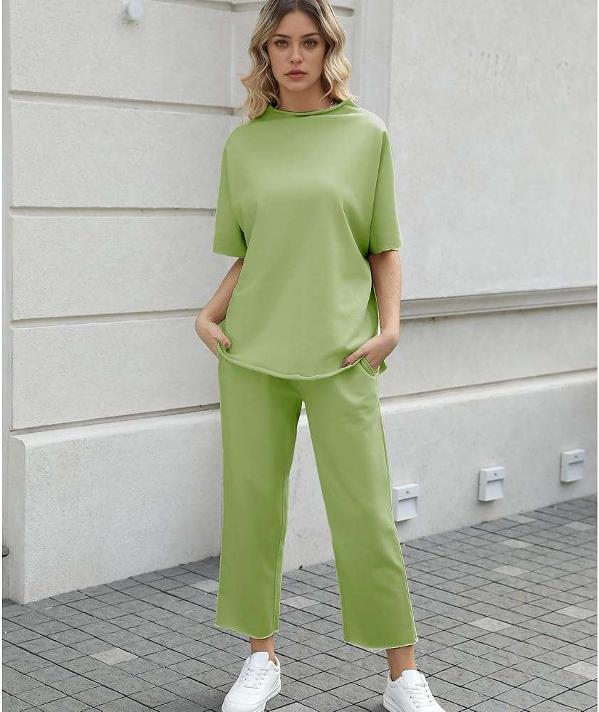 SeeLuNa Women's Two Piece Outfits 3/4 Batwing Sleeve Capelet Crew Neck Pullover Top Wide Leg Pants Lounge Set - Image 6