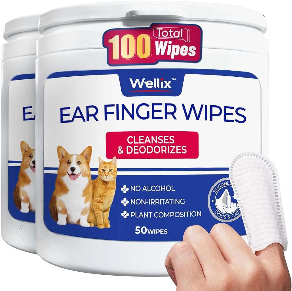 Wellix Pet Ear Cleaner Wipes for Dogs&Cats (100count) - Pure Chamomile Honeysuckle Dog Cleaning Finger Wipes - Natural Treatment for Itch Relief and Ear Infections - 2 Packs - Image 1