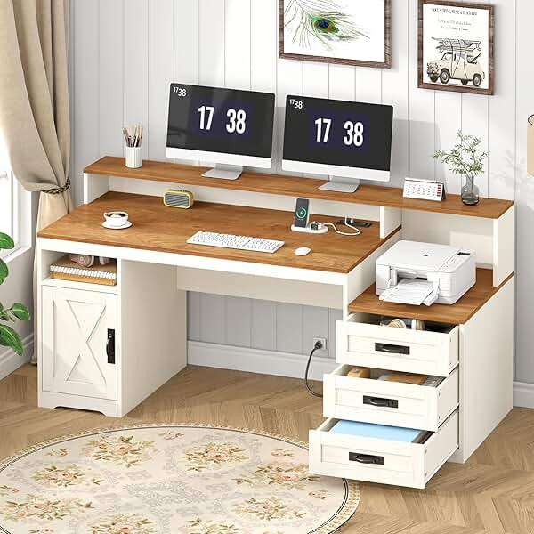 TVU Farmhouse Computer Desk with Drawers, 65'' Home Office Desk with Power Outlets, Storage Cabinet and Printer Stand, Study Writing Desks with Long Monitor Stand, Brown and White - Image 1