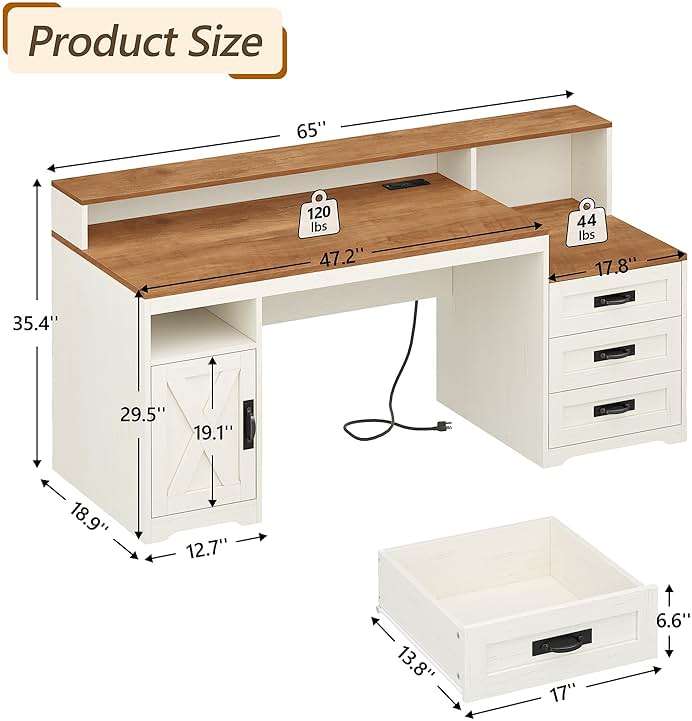 TVU Farmhouse Computer Desk with Drawers, 65'' Home Office Desk with Power Outlets, Storage Cabinet and Printer Stand, Study Writing Desks with Long Monitor Stand, Brown and White - Image 2