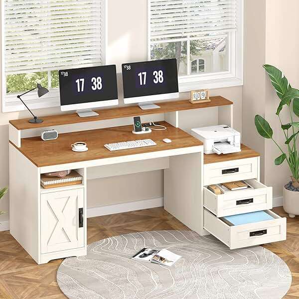 TVU Farmhouse Computer Desk with Drawers, 65'' Home Office Desk with Power Outlets, Storage Cabinet and Printer Stand, Study Writing Desks with Long Monitor Stand, Brown and White - Image 3
