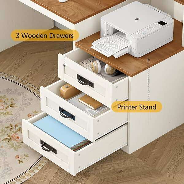TVU Farmhouse Computer Desk with Drawers, 65'' Home Office Desk with Power Outlets, Storage Cabinet and Printer Stand, Study Writing Desks with Long Monitor Stand, Brown and White - Image 5