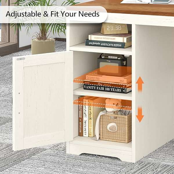 TVU Farmhouse Computer Desk with Drawers, 65'' Home Office Desk with Power Outlets, Storage Cabinet and Printer Stand, Study Writing Desks with Long Monitor Stand, Brown and White - Image 6