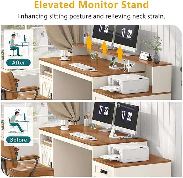 TVU Farmhouse Computer Desk with Drawers, 65'' Home Office Desk with Power Outlets, Storage Cabinet and Printer Stand, Study Writing Desks with Long Monitor Stand, Brown and White - Image 7