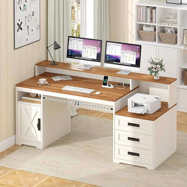 TVU Farmhouse Computer Desk with Drawers, 65'' Home Office Desk with Power Outlets, Storage Cabinet and Printer Stand, Study Writing Desks with Long Monitor Stand, Brown and White - Image 8