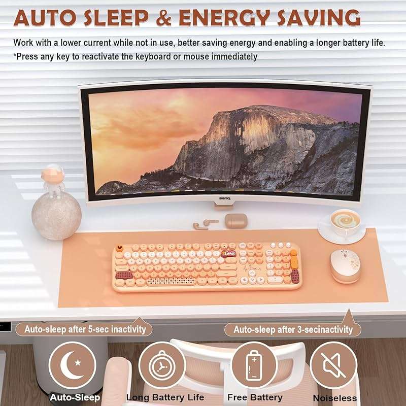 Wireless Keyboard Mouse Combo, Keyboard and Mouse Set,104 Round Keys Colorful Wireless Typewriter for MacBook Windows Laptop Tablet Coffee - Image 4