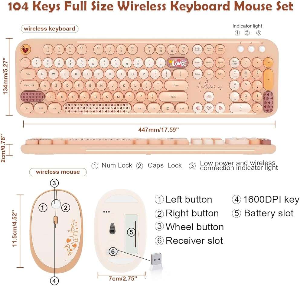 Wireless Keyboard Mouse Combo, Keyboard and Mouse Set,104 Round Keys Colorful Wireless Typewriter for MacBook Windows Laptop Tablet Coffee - Image 8