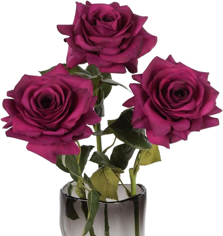 ICBOX 3PCS Fuchsia Roses Artificial Flowers 4.72" Real Touch Rose Large Flowers 25.6" Long Stem Silk Rose Artificial Flower for Wedding Bridal Bouquet Home Party Garden Decor(Fuchsia) - Image 1
