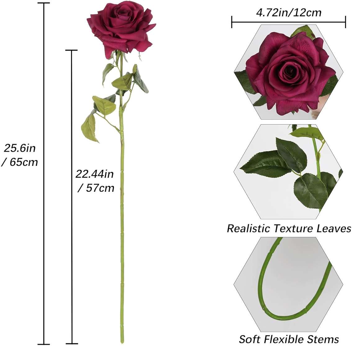 ICBOX 3PCS Fuchsia Roses Artificial Flowers 4.72" Real Touch Rose Large Flowers 25.6" Long Stem Silk Rose Artificial Flower for Wedding Bridal Bouquet Home Party Garden Decor(Fuchsia) - Image 3