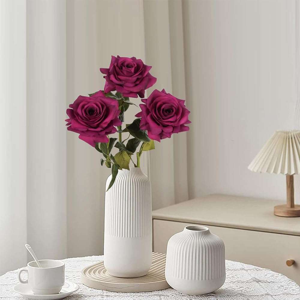 ICBOX 3PCS Fuchsia Roses Artificial Flowers 4.72" Real Touch Rose Large Flowers 25.6" Long Stem Silk Rose Artificial Flower for Wedding Bridal Bouquet Home Party Garden Decor(Fuchsia) - Image 4