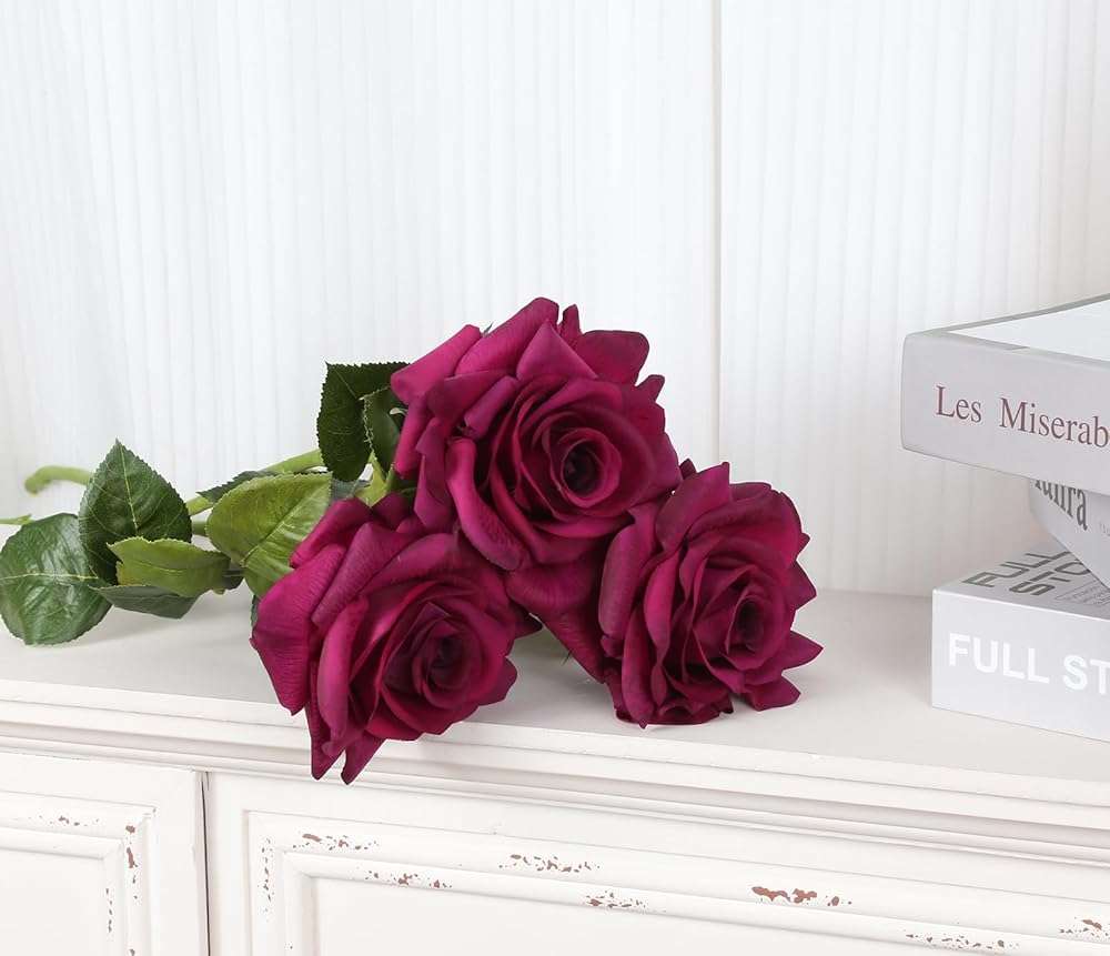 ICBOX 3PCS Fuchsia Roses Artificial Flowers 4.72" Real Touch Rose Large Flowers 25.6" Long Stem Silk Rose Artificial Flower for Wedding Bridal Bouquet Home Party Garden Decor(Fuchsia) - Image 5