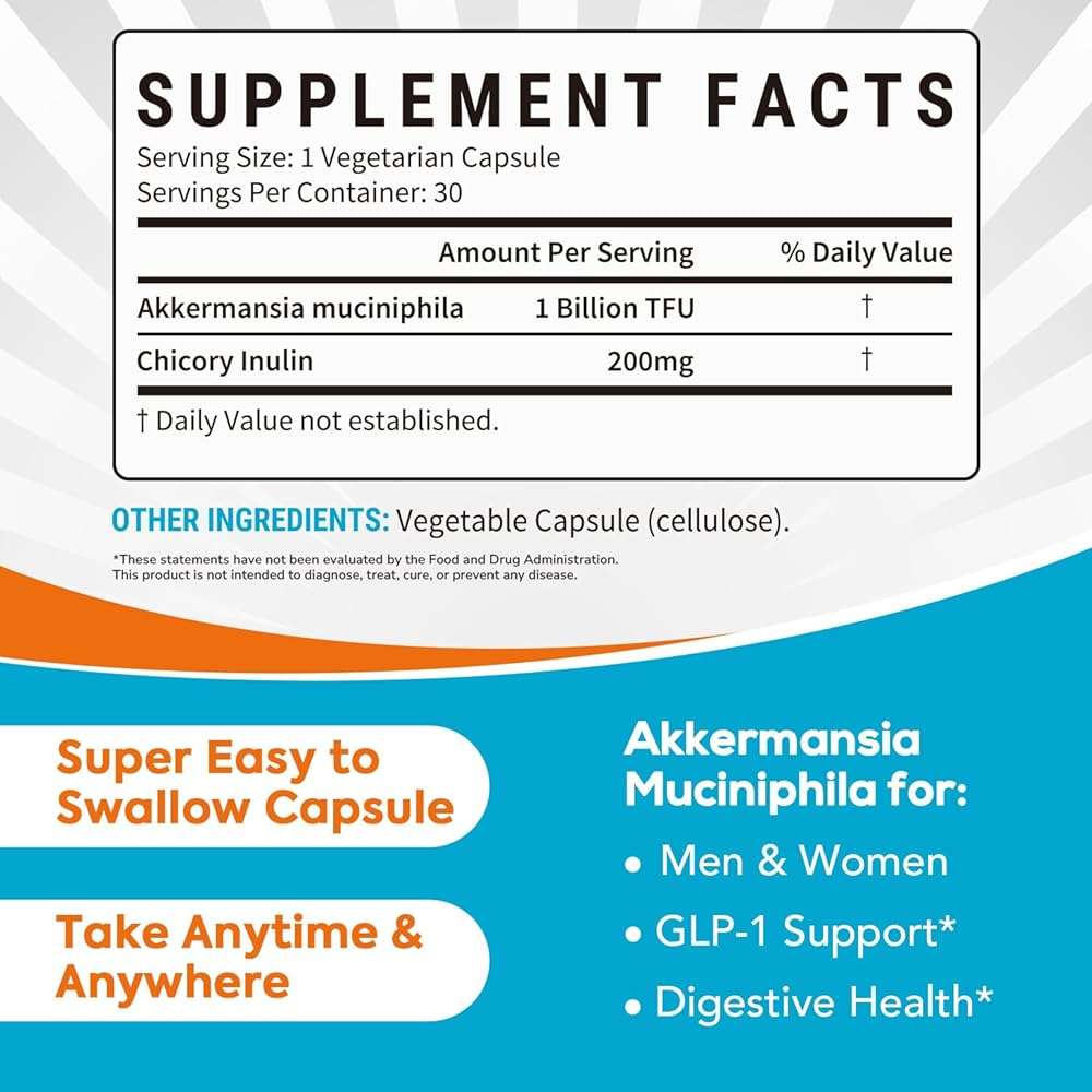 Surebounty Akkermansia Probiotic GLP-1, 1 Billion TFU, Akkermansia Muciniphila with Prebiotic Inulin, for Men & Women, Vegan, Non-GMO, 30 Caps - Image 2