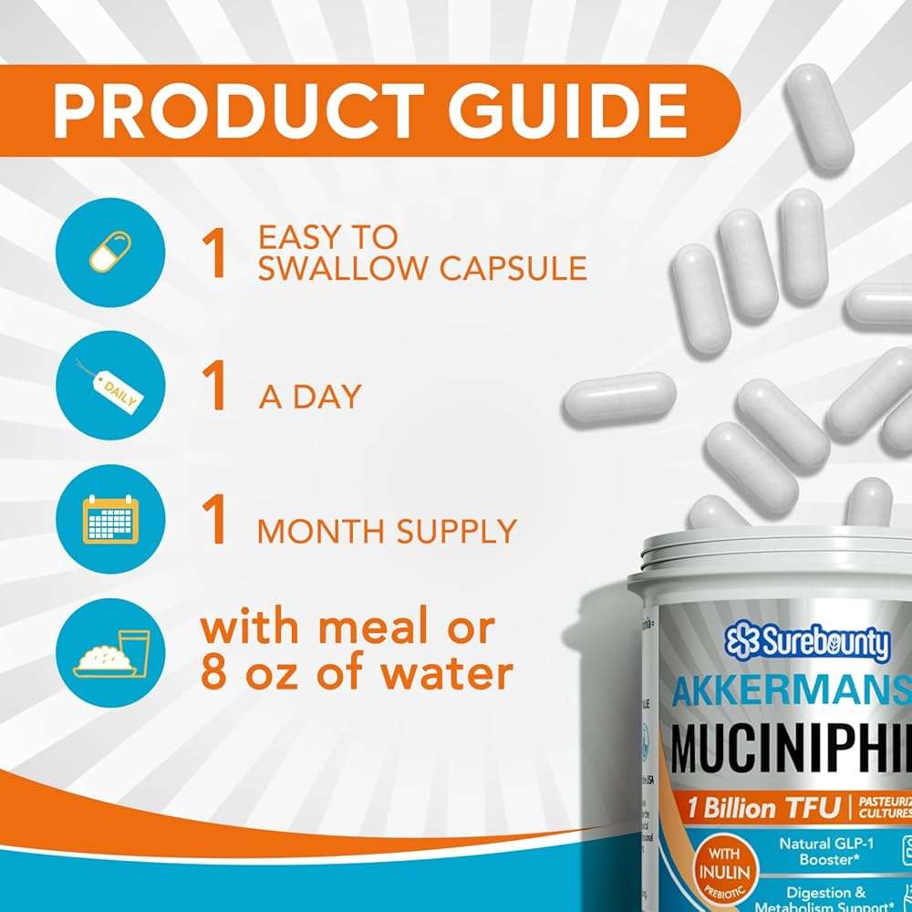 Surebounty Akkermansia Probiotic GLP-1, 1 Billion TFU, Akkermansia Muciniphila with Prebiotic Inulin, for Men & Women, Vegan, Non-GMO, 30 Caps - Image 5