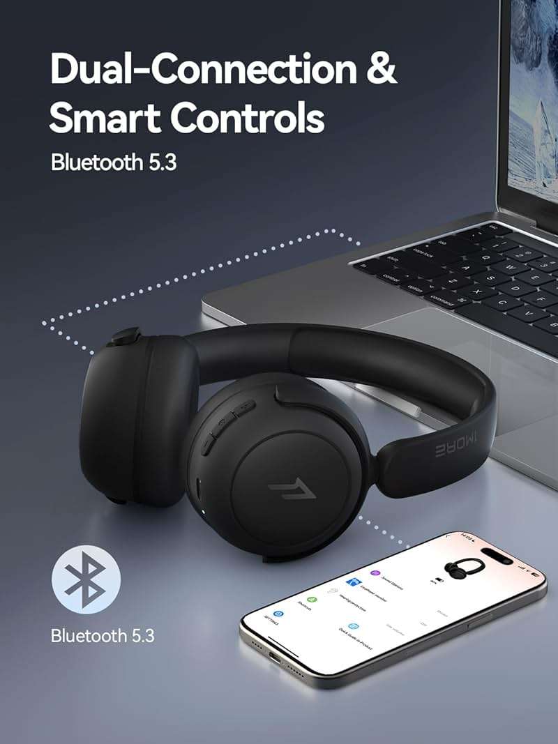 1MORE HQ20 Wireless On-Ear Headphones with Microphone, 85dB Safe Volume, 65H Playtime, Lightweight Foldable Bluetooth Headphones for School/Travel, Android and iOS Compatible, Black - Image 6