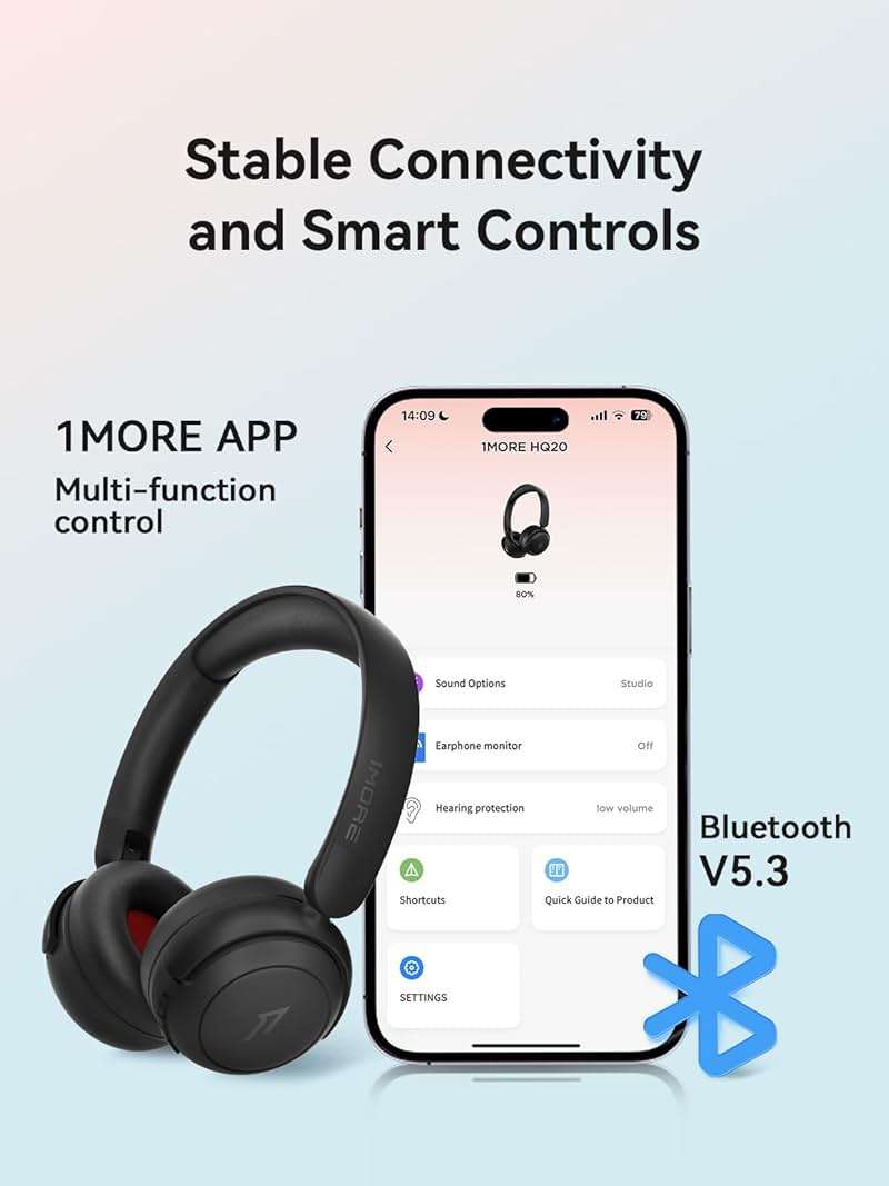 1MORE HQ20 Wireless On-Ear Headphones with Microphone, 85dB Safe Volume, 65H Playtime, Lightweight Foldable Bluetooth Headphones for School/Travel, Android and iOS Compatible, Black - Image 8