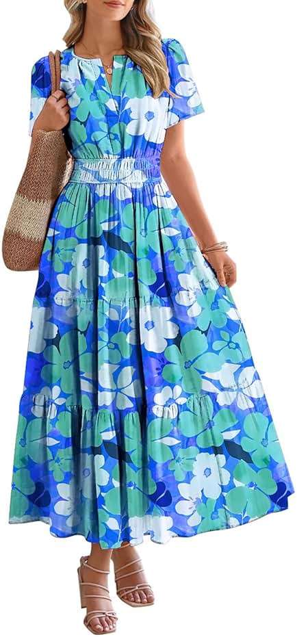 BTFBM Womens Summer Floral Maxi Dresses V Neck Short Sleeve Boho Casual Flowy Long Wedding Guest Dress Beach Vacation - Image 1