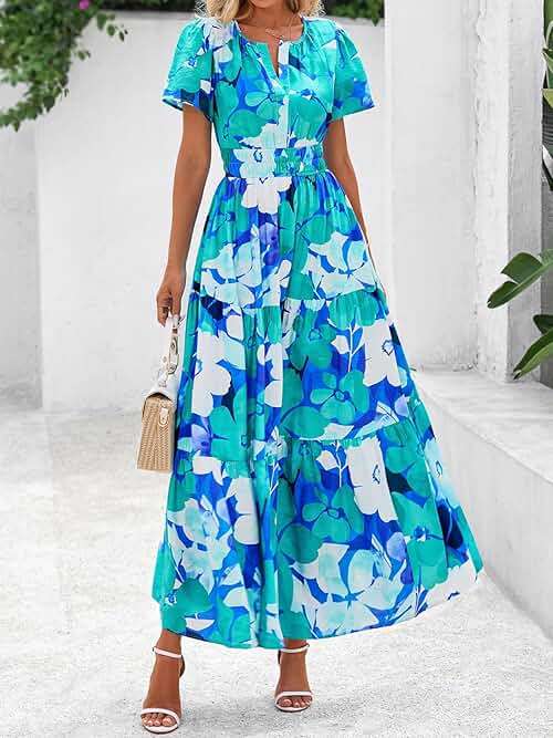 BTFBM Womens Summer Floral Maxi Dresses V Neck Short Sleeve Boho Casual Flowy Long Wedding Guest Dress Beach Vacation - Image 2
