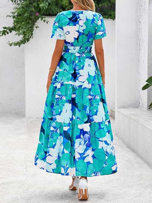 BTFBM Womens Summer Floral Maxi Dresses V Neck Short Sleeve Boho Casual Flowy Long Wedding Guest Dress Beach Vacation - Image 3