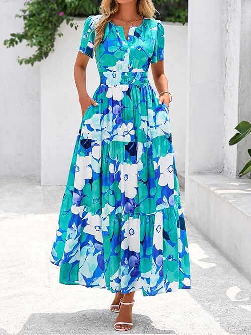 BTFBM Womens Summer Floral Maxi Dresses V Neck Short Sleeve Boho Casual Flowy Long Wedding Guest Dress Beach Vacation - Image 4