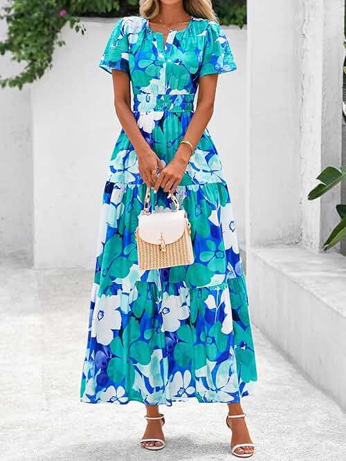 BTFBM Womens Summer Floral Maxi Dresses V Neck Short Sleeve Boho Casual Flowy Long Wedding Guest Dress Beach Vacation - Image 8