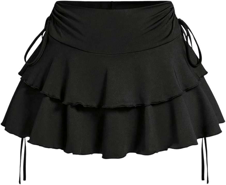 PRSFPN Women's Y2k Mini Ruffle Skirts with Shorts Tiered Layers Cute Elastic Waist Coquette Skort Drawstring Side Bow Tie - Image 1