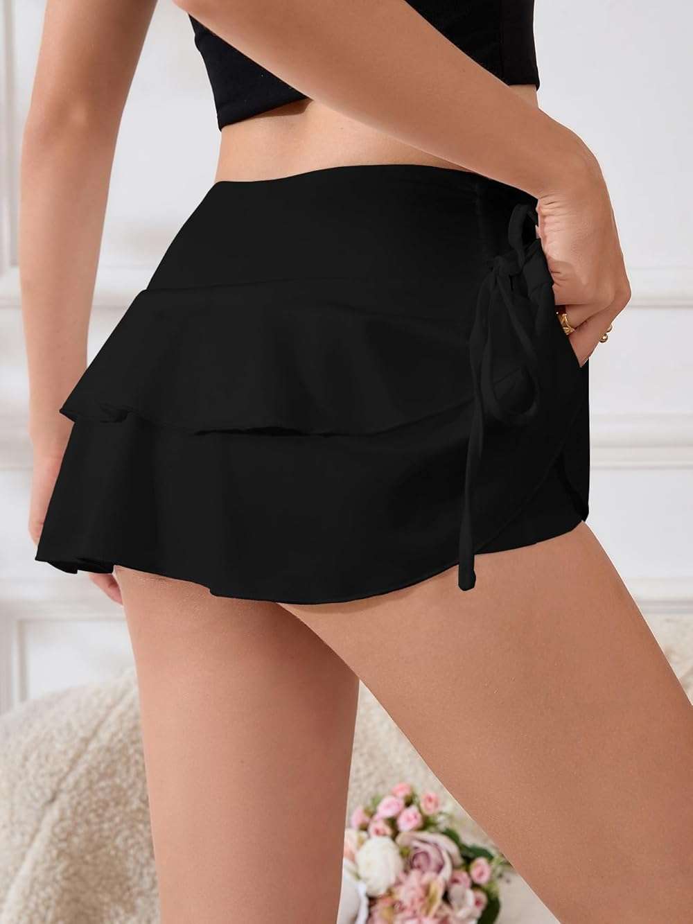 PRSFPN Women's Y2k Mini Ruffle Skirts with Shorts Tiered Layers Cute Elastic Waist Coquette Skort Drawstring Side Bow Tie - Image 3
