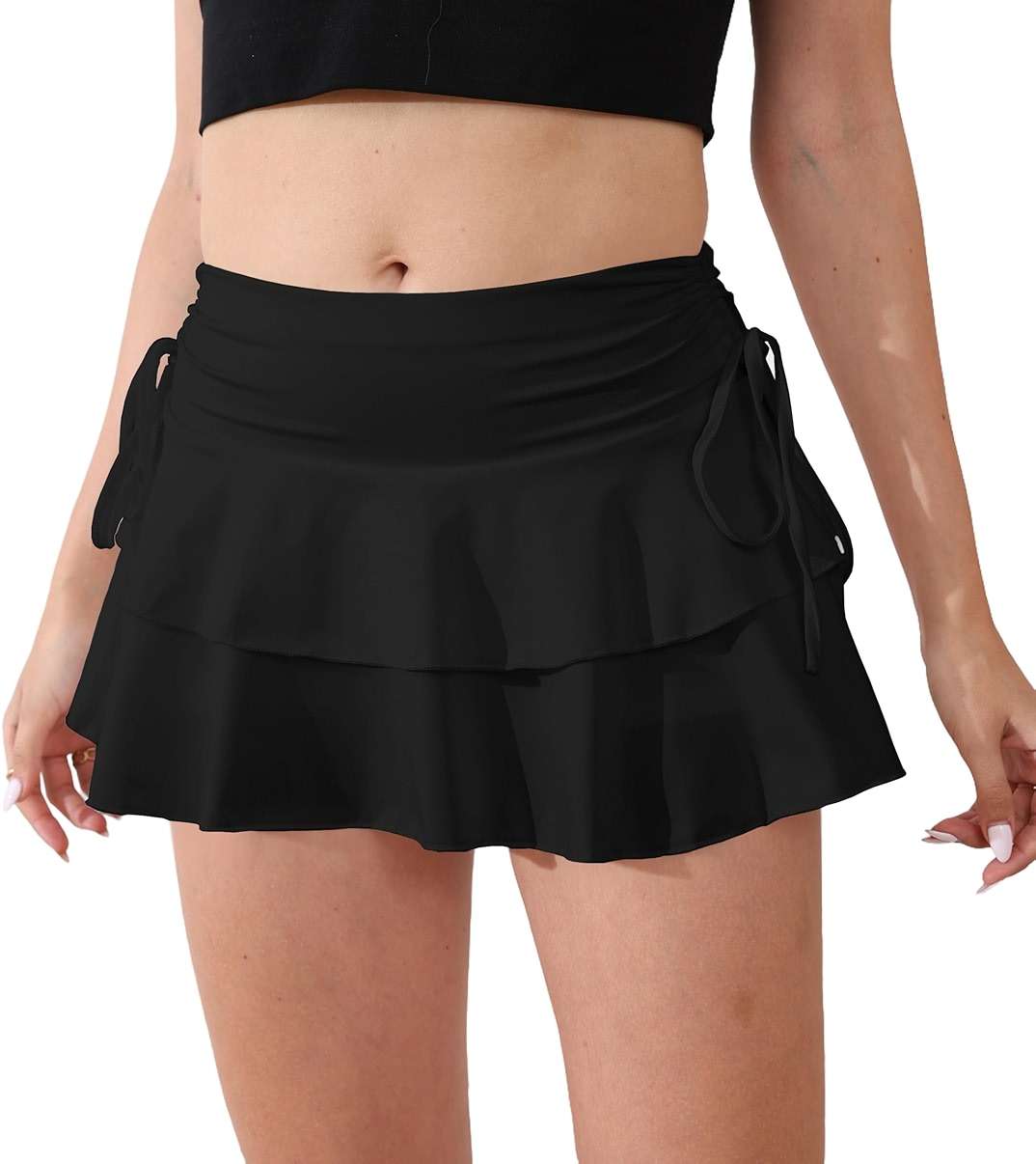PRSFPN Women's Y2k Mini Ruffle Skirts with Shorts Tiered Layers Cute Elastic Waist Coquette Skort Drawstring Side Bow Tie - Image 4