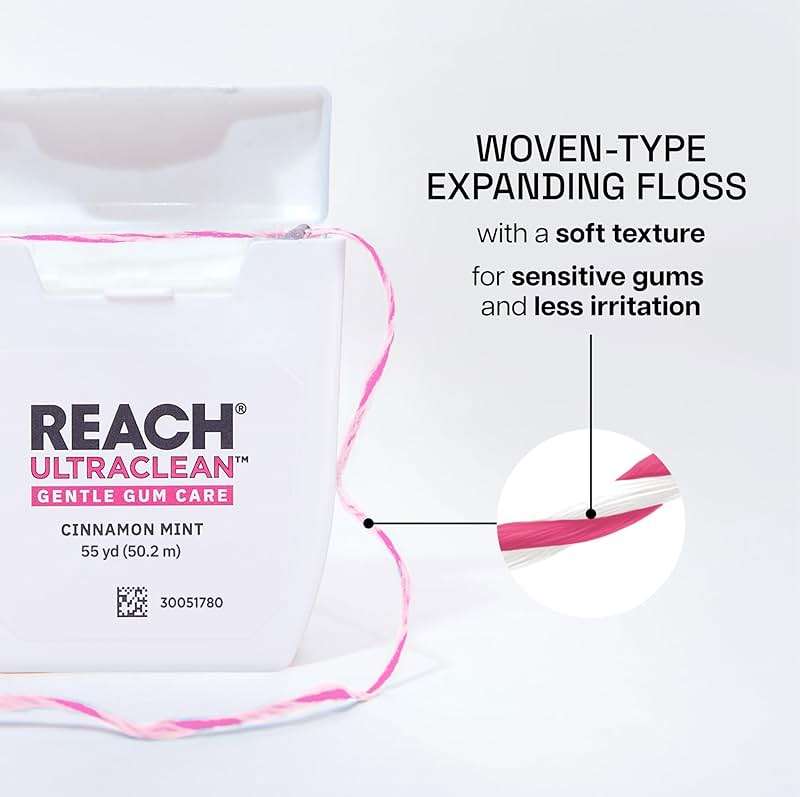 REACH ULTRACLEAN Gentle Gum Care Expanding Floss – Woven, Non-Waxed, PFAS-Free with Vitamin E, for Sensitive Gums, Cinnamon Mint 55YD (3-Pack) - Image 2