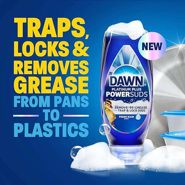 Dawn Platinum Plus PowerSuds EZ-Squeeze Dish Soap Liquid, Dishwashing Liquid, Grease Removal, Upside Down Bottle, Fresh Rain Scent, 2x17.4 Fl Oz Bundle - Image 2