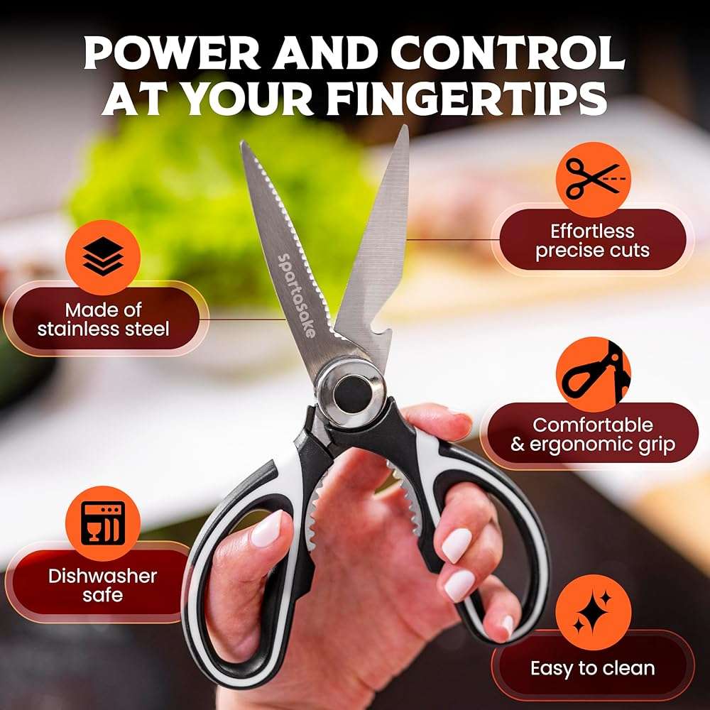 SpartaSake Premium Stainless Steel All Purpose Kitchen Shears with Sleeve - Heavy Duty Ultra Sharp kitchen Scissors for Food - Multipurpose Food Scissors for Meat Poultry Vegetable (Black-White) - Image 4