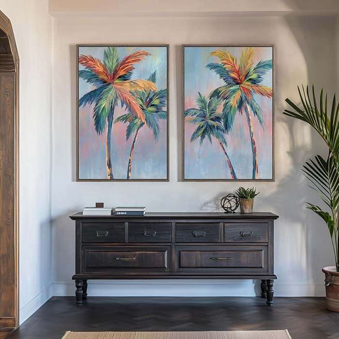 Framed Colorful Coastal Wall Art for Living Room Decor, Large Tropical Beach Palm Tree Canvas Artwork for Walls, 2 Piece Pop Paintings Prints for Hallway Bedroom Office Salon Wall Decor, 24x36 Inch - Image 2
