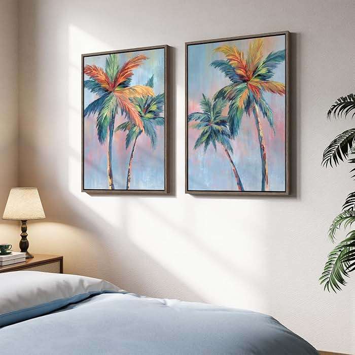 Framed Colorful Coastal Wall Art for Living Room Decor, Large Tropical Beach Palm Tree Canvas Artwork for Walls, 2 Piece Pop Paintings Prints for Hallway Bedroom Office Salon Wall Decor, 24x36 Inch - Image 4