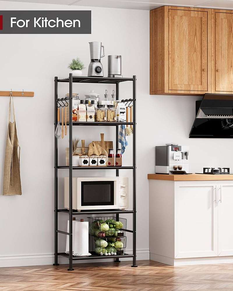 Sakugi Storage Shelves - 5-Tier Large Capacity Shelf Organizer with Hooks, Heavy-Duty Garage Shelving with Leveling Feet, Wobble-Free Rack for Bedroom, Balcony, Garage, 18.1"×12.4"×56.8", Black - Image 2