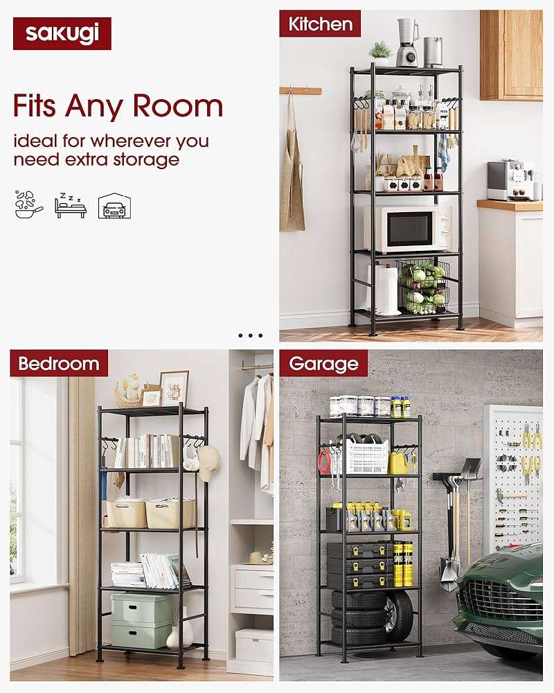 Sakugi Storage Shelves - 5-Tier Large Capacity Shelf Organizer with Hooks, Heavy-Duty Garage Shelving with Leveling Feet, Wobble-Free Rack for Bedroom, Balcony, Garage, 18.1"×12.4"×56.8", Black - Image 4