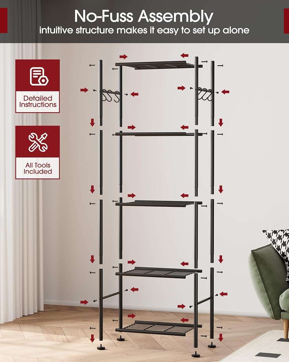 Sakugi Storage Shelves - 5-Tier Large Capacity Shelf Organizer with Hooks, Heavy-Duty Garage Shelving with Leveling Feet, Wobble-Free Rack for Bedroom, Balcony, Garage, 18.1"×12.4"×56.8", Black - Image 8