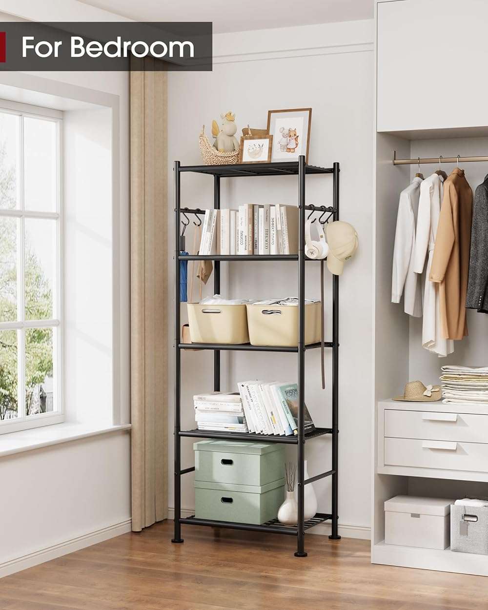 Sakugi Storage Shelves - 5-Tier Large Capacity Shelf Organizer with Hooks, Heavy-Duty Garage Shelving with Leveling Feet, Wobble-Free Rack for Bedroom, Balcony, Garage, 18.1"×12.4"×56.8", Black - Image 9