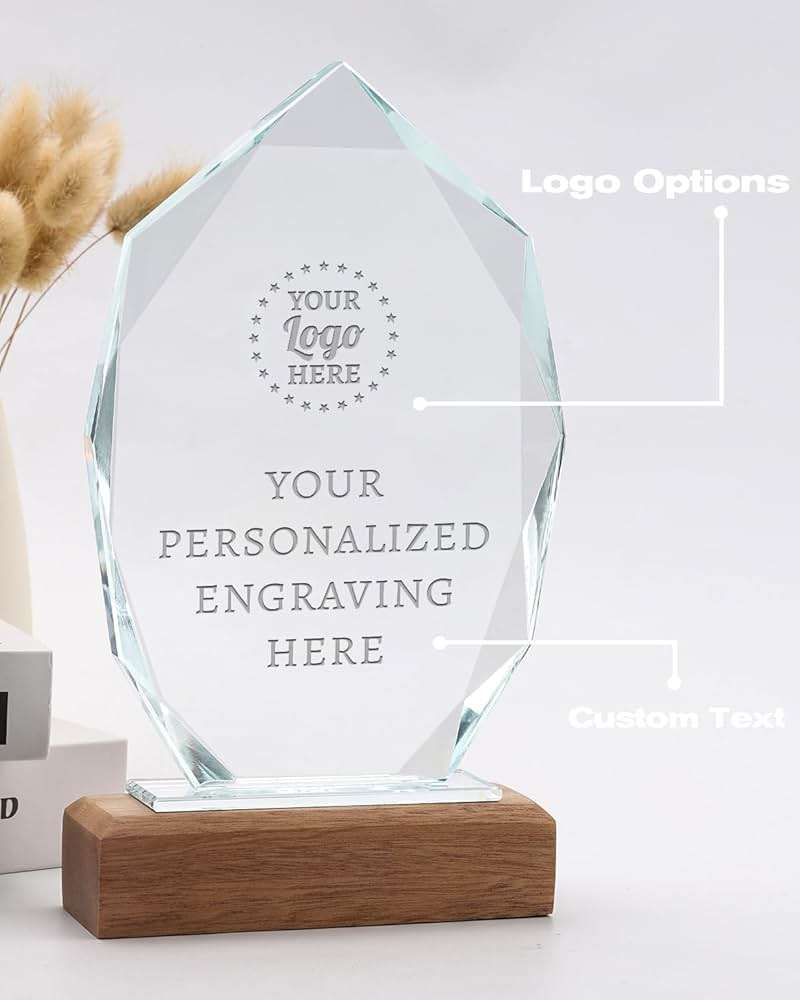 ZALHIN Personalized Crystal Trophy Award with Solid Wood Base - Custom Engraved Plaques for Employee Recognition, Sports Trophies, Thanks Gifts - Image 2
