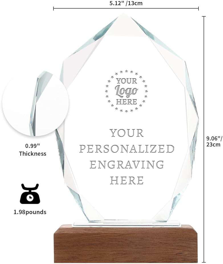 ZALHIN Personalized Crystal Trophy Award with Solid Wood Base - Custom Engraved Plaques for Employee Recognition, Sports Trophies, Thanks Gifts - Image 3