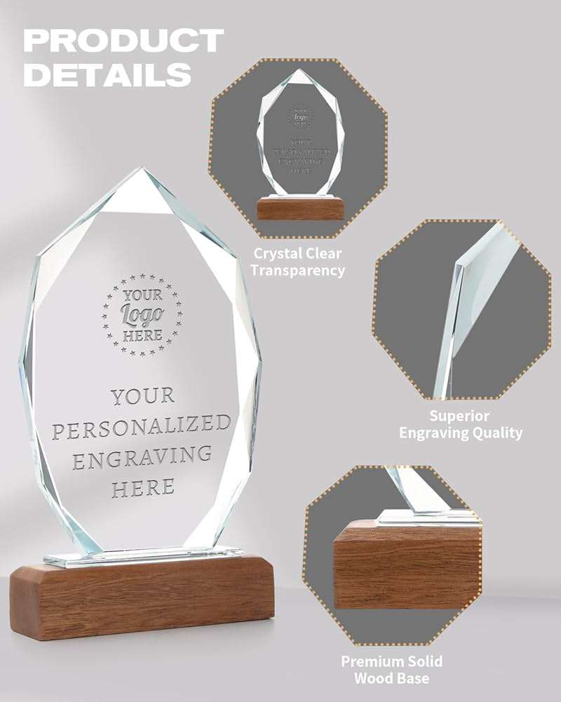 ZALHIN Personalized Crystal Trophy Award with Solid Wood Base - Custom Engraved Plaques for Employee Recognition, Sports Trophies, Thanks Gifts - Image 4