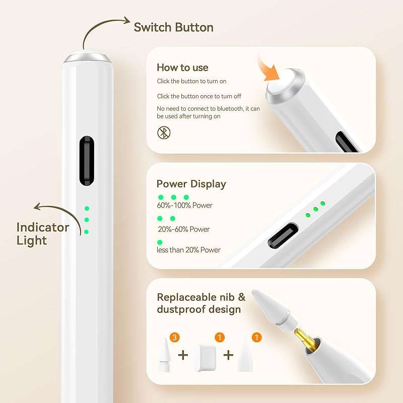 Hastraith Stylus Pen for iPad(2018-2026)-13 Mins Fast Charge with Tilt Sensitivity & Palm Rejection for iPad 11/10/9/8/7/6th Gen, Air 5/4/3/M4/M3/M2, Pro 13"/12.9"/11"/M4, Mini 7/6/5th, White - Image 6