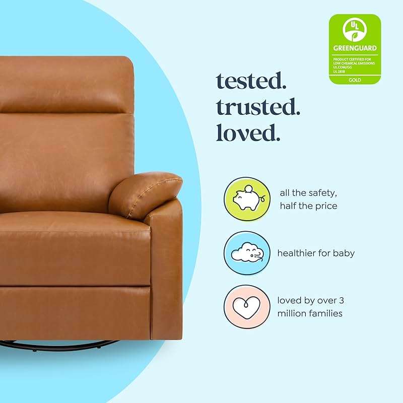 Davinci Suzy Glider Recliner Nursery Chair - Glider Rocking Chair for Nursery and Living Room - GREENGUARD Gold, FSC & Certi-PUR US Certified - 360° Swivel Rocker Recliner Chair (Vegan Tan Leather) - Image 3