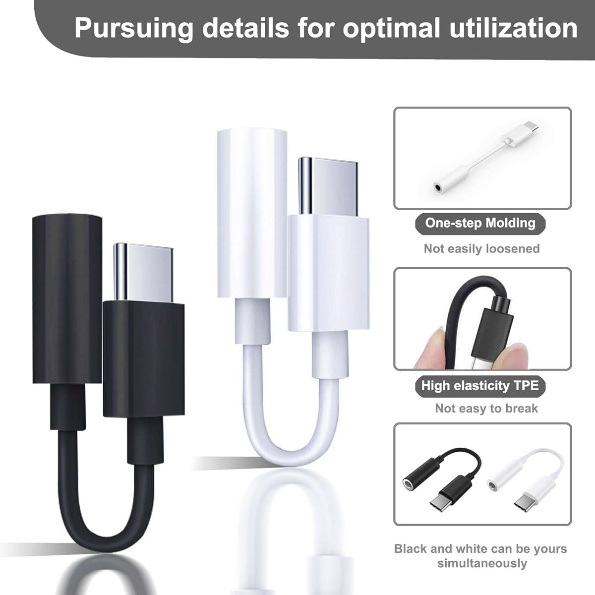 QAJOPFN 2 Pack USB C to 3.5mm Headphone Jack Adapter, Hi-Fi DAC Audio Converter with Microphone, Compatible with iPhone 15/Pro, Samsung Galaxy, iPad Pro, MacBook, Pixel, Black & White - Image 6