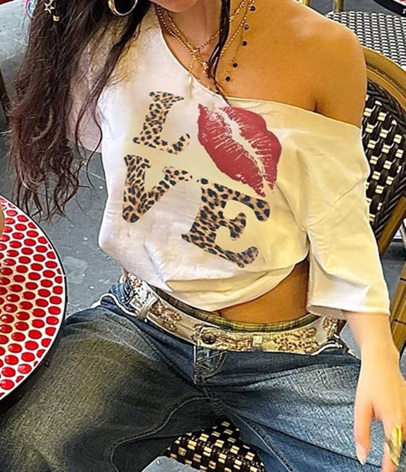 Hesaco Off The Shoulder Cute Shirts for Women Oversized Tshirt Y2k Graphic Tee Lips Print Baggy Shirts Vintage Tops - Image 3
