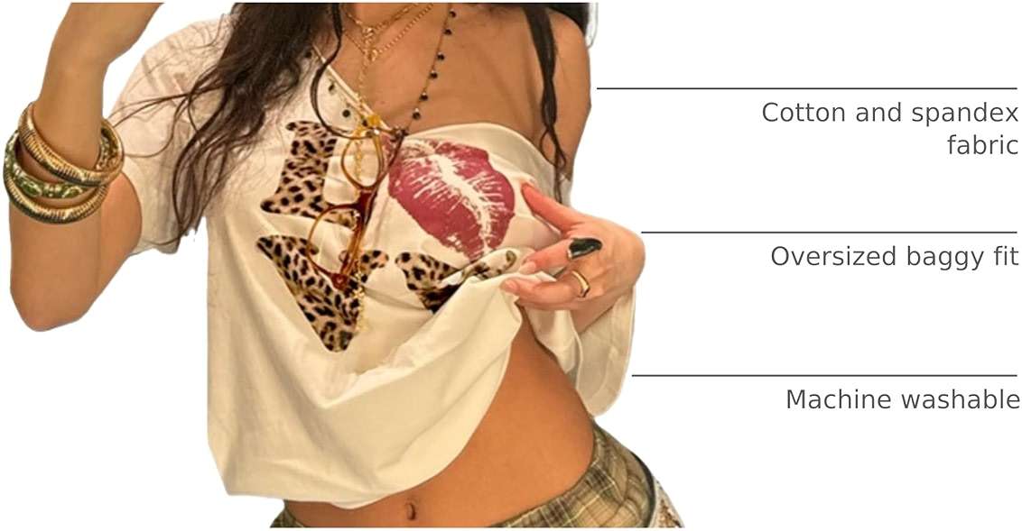 Hesaco Off The Shoulder Cute Shirts for Women Oversized Tshirt Y2k Graphic Tee Lips Print Baggy Shirts Vintage Tops - Image 4